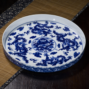 茶盘陶瓷实用简约大号茶海小圆型托盘加单层青花瓷中式釉下彩龙纹