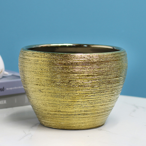 拉丝金色花盆电镀金属色圆形轻奢陶瓷花盆摆件装饰品插花花器