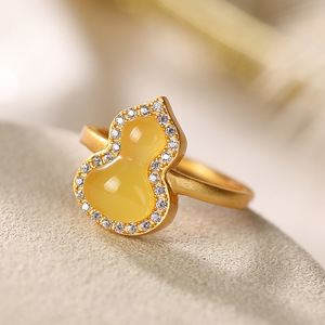 天然荔枝冻琥珀蜜蜡麒麟小葫芦戒指女闺蜜款一对设计小众925纯银