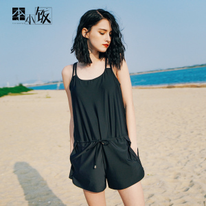 李小饭宽松保守黑色温泉游泳衣女连体式平角大码遮肚显瘦泳装胖mm