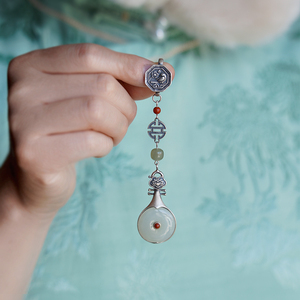 【祥福居】原创古典中式文艺天然和田玉纯银旗袍压襟挂件饰领扣挂