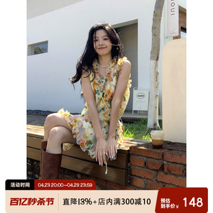 yesroom「巴塞罗那街头」度假甜美法式碎花花朵无袖背心裙连衣裙