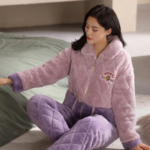多拉美睡衣女冬季珊瑚绒三层加厚加绒保暖夹棉超厚套装家居服冬天