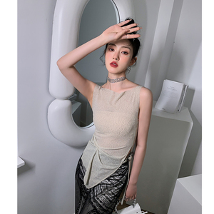 tobaby不规则下摆开叉修身透视吊带背心上衣女性感纯欲辣妹显瘦夏