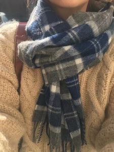 现货韩国东大门sienne秋冬复古洋气搭配感流苏蓝色格纹羊毛围巾