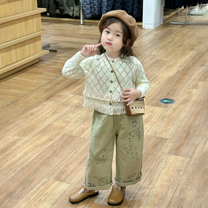 儿童韩版洋气流苏毛衣春装新款女童针织开衫外套时尚涂鸦直筒裤子