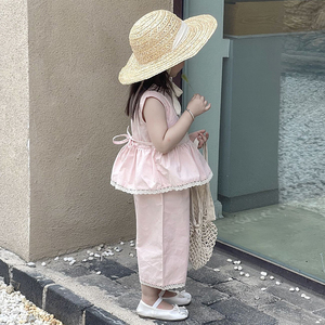 女童韩版刺绣夏季蕾丝新款粉色甜美无袖套装女宝背心裤子两件套潮