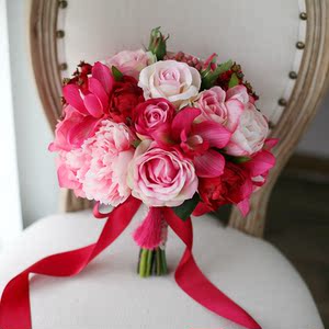 新版 艳丽喜庆红色玫红粉色保湿手感蕙兰仿真新娘摄影手捧花球