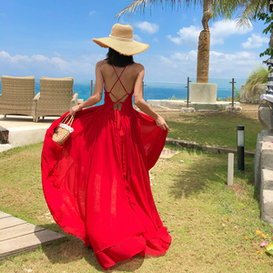露背沙滩裙超仙红色连衣裙新疆西藏云南三亚海边旅游度假红裙女夏