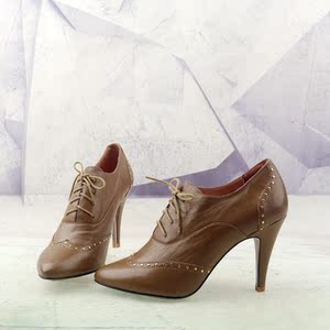 35-38码绵羊皮真皮系带尖头高跟女鞋子铆钉深口布洛克单鞋x147-2