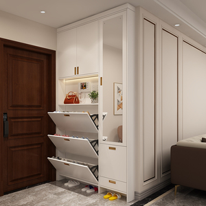 入户鞋柜超薄一体靠墙高17cm极窄家用门口玄关柜新款带镜子翻斗