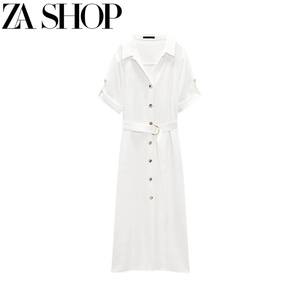 ZA夏新女白色配腰带POLO领短袖长裙衬衣式收腰迷笛连衣裙 3471522