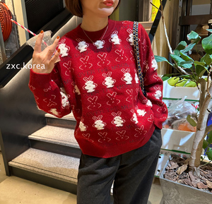 猪小虫韩国进口 女装代购23冬季新品甜美通勤兔子图案新年红毛衣