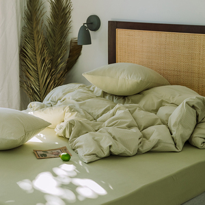 a类婴儿级彩棉条纹床品被罩床单 裸睡针织全棉柔软绿色床笠四件套