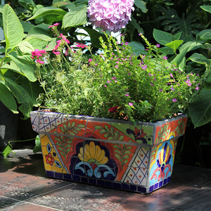 玫瑰小镇 原创特色庭院阳台长方花盆花器摆件 彩绘陶瓷马赛克工艺