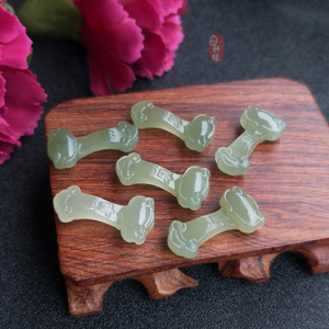 天然晴水绿和田玉雕刻如意棒配饰挂件 和田玉如意diy饰品配件材料