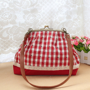 田园风棉麻斜挎布艺女包格子小包手提单肩包包甜美女生包包夹扣包