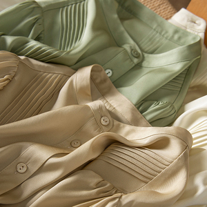 通勤有亮点 法柜高颜值 宽松立领塔克褶真丝衬衫女h春天家685s