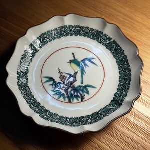 日本进口 九谷烧晓窯青郊风盘子喜鹊登梅 绘花鸟皿 陶瓷茶具杯垫