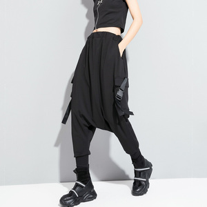 朋克帅气秋装工装裤街舞蹈摇滚吊裆女裤子宽松垮裤飘带大口袋长裤