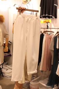 现韩国代购东大门女装　春夏季ADELA白色抽绳条纹休闲长裤