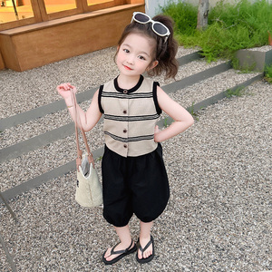 女童夏季条纹背心套装2024新款女宝宝韩版洋气儿童无袖上衣件套潮
