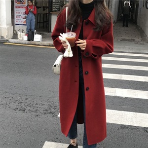 韩版双面羊绒大衣女中长款小个子娃娃领赫本风红色灯笼袖毛呢外套