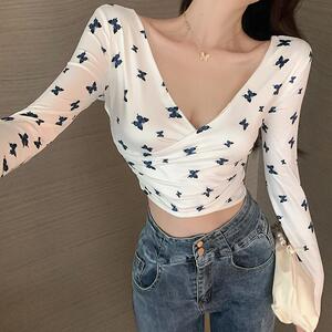 网红主播直播衣服深v领显胸漏背修身短款露肚脐t恤性感炸街上衣女