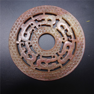 春秋战国和田玉璧摆件精雕古兽回纹双面纯手工玉牌子圆环古玉老玉