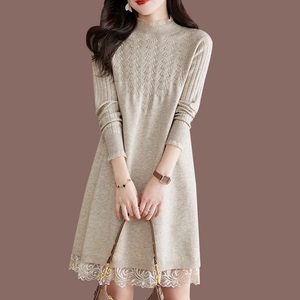 BVLILKA 轻奢定制 显瘦羊毛 打底衫中长款毛衣裙 蕾丝针织连衣裙