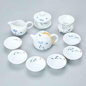 景德镇手绘小鱼白瓷功夫茶具套装茶壶茶杯盖碗陶瓷整套茶具特价