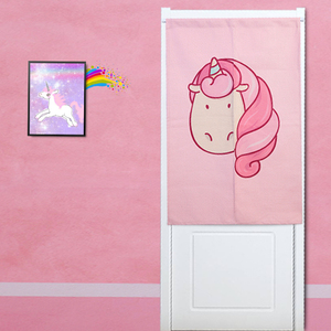 北欧可爱少女粉色独角兽免打孔门帘居家布艺儿童卧室棉麻隔断帘子