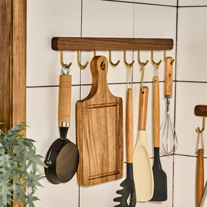 厨房挂钩免打孔锅铲勺子挂杆黑胡桃实木壁挂式排钩厨具收纳置物架