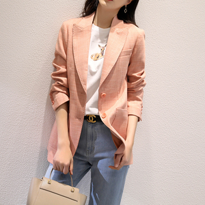 垂感橘粉色西装外套女春秋休闲百搭韩版宽松中长款长袖港风小西服