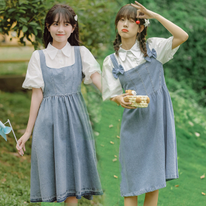 衬衫背带裙子两件套装姐妹闺蜜装夏季学生女学院风清新宽松连衣裙