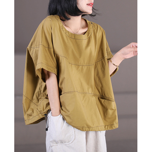 物格夏季新款韩版宽松大码明压线圆领溜肩袖抽绳短袖t恤女上衣夏
