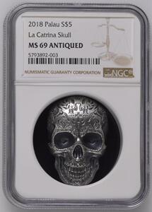 评级币 ngc 69分 帕劳 2018年 卡翠娜骷颅 骷髅头.1盎司.仿古银币