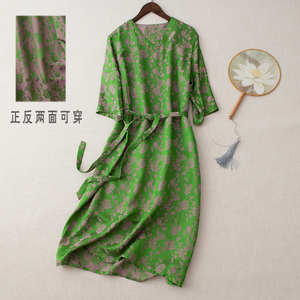 绿粉富贵花双面穿重磅真丝连衣裙宋锦织锦缎v领裙子夏桑蚕丝长裙