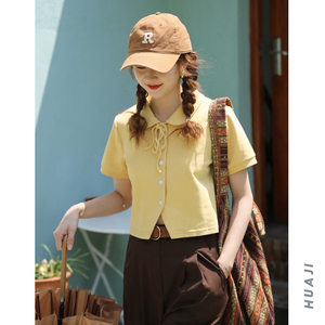 花吉B109黄色系带小翻领短款短袖T恤女夏小个子带领子的纯色上衣