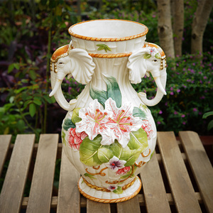 百合大象双耳落地花瓶东南亚风格象陶瓷大号欧式大水罐鲜花容器