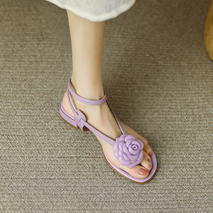 网红仙女风凉鞋夏季女款2022年新款花朵夹趾一字带低跟夹脚罗马鞋