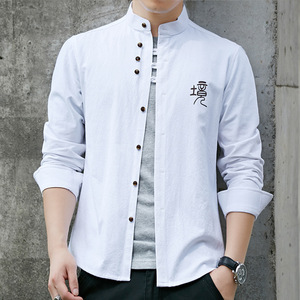 青年男式衬衣秋装新款韩版修身长袖立领休闲时尚衬衫男士潮工装