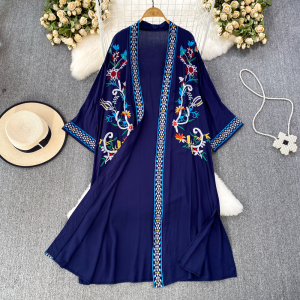 夏季复古波西米亚民族风刺绣中长款开衫防晒衣海边度假连衣裙外套