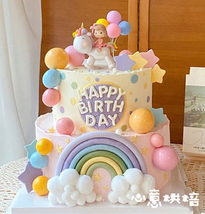 彩虹云朵女宝宝蛋糕上海宝宝大头独角兽小女孩周岁满月生日蛋糕