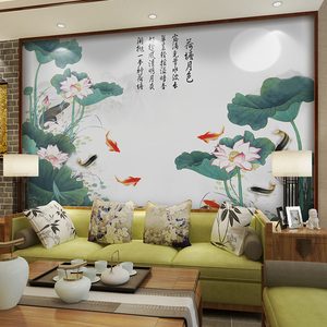 中式3d荷花壁画莲花电视背景墙壁纸简约现代影视墙墙纸九鱼图墙布