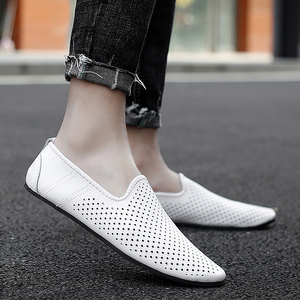 豆豆鞋男真皮夏季透气休闲尖头镂空皮鞋潮流软底软皮一脚蹬懒人鞋