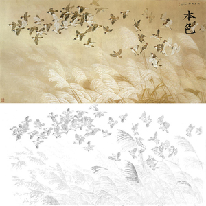 工笔画麻雀芦苇白描底稿四尺六尺国画花鸟临摹勾线素材打印稿