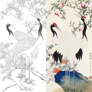 zf-37陈之佛仙鹤寿桃牡丹花工笔画白描底稿国画临摹练习手绘底稿