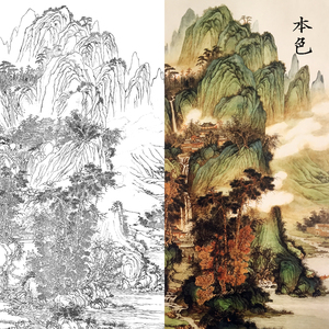 国画工笔山水白描底稿初学临摹勾线过稿透稿练习宣纸可上色打印稿