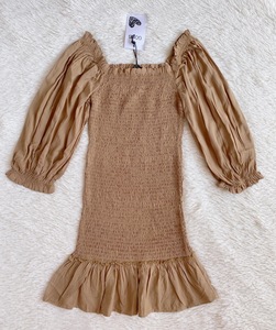 两件包邮 中东单驼色方领泡泡司马克褶皱荷叶边连衣裙